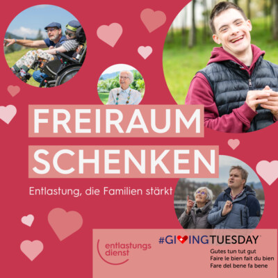 Auf einem roten Hintergrund ist der Schriftzug "Freiraum schenken: Entlastung, die Familien stärkt" zu lesen. rundherum sind drei runde Fotos von Menschen in Betreuungssituationen ersichtlich.